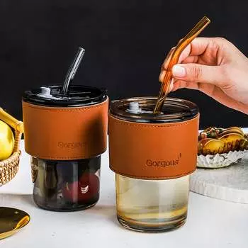 Drinking Glasses with Lids Glass Straw Cup Set 13oz Can Shaped Glass Cups Beer Glasses Ice Coffee Tumbler Cup 450ML