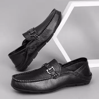 Driving shoes men s large-size shoes summer breathable leather shoes men s cowhide one-pedal soft-sided soft-soled beanie shoes 37