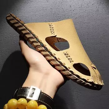 Driving Shoes Men s Summer Baotou Soft Bottom Sandals and Slippers Year s New Deodorant Leather Sandals Men s Casual Beach Shoes 39 бежевый