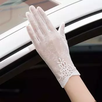 Driving Sun Protection Gloves Female Summer Thin Short UV Protection Cycling Non Slip Dance Etiquette White Lace Gloves White-Necklace All yards