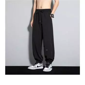 Drooping Pinch Pants Men s Summer Thin Ice Silk Casual Pants Loose Plus Large Size Labeled Tying Pants M чёрный
