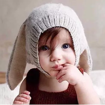 Drop-Eared Rabbit Grey Baby Wool Hat, Baby Hat Handmade Baby Hat, Children s Versatile Knitted Hat Average size (3-18 months) серый
