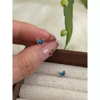 Drop Glazed Stud Earrings Women s Removal-Free before Sleep Anti-Drop Pure Silver 999 silver blue drop glaze butterfly pair