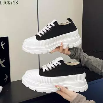 Drop Ship Women Vulcanized Shoes White Thick Heels Canvas Sneakers Women Shoes Casual Spring Autumn Lace Up Sneakers For Ladies 35 чёрный