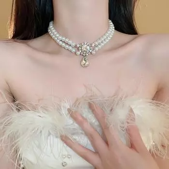 Droplet Shaped Pendant Pearl Chain Choker Clavicle Chain Jewelry Pearl Chain Beads Lady 1Pc