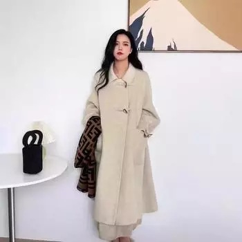 Другими словами, длинношерстное кашемировое пальто с пряжкой из рога с двух сторон, женское, среднее и длинное, новое утолщенное шерстяное пальто длиной до колена YZ731 S size 90-60kg фиолетовый