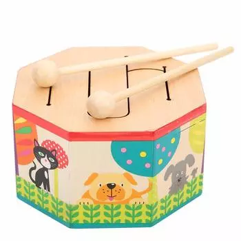 Drum Musical Toy Wooden Handheld Mini Percussion Drum Montessori Percussion Instrument with 2 Mallets Baby Kids Gift