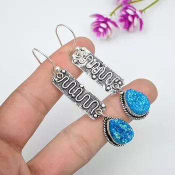 Druzy Jewelry, 925 Solid Sterling Silver Earrings, Handmade Gemstone Jewelry Earrings For Memorial Day синий