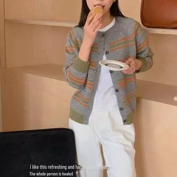 Du Xiaozhai Autumn/Winter Striped Knitted Cardigan: Women s Long Sleeve Round Neck Sweater Jacket One Size