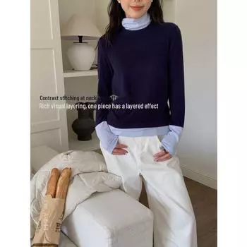 Du Xiaozhai Winter Youth High Collar Contrast Brushed T-shirt for Women - New Autumn Design One Size красный/ягодный