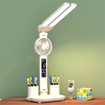 Двухголовочная настольная лампа с вентилятором, светодиодная настольная лампа с часами и держателями для ручек, сенсорное управление Plug-in - USB cable included