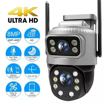 Dual Lens 4G IP Camera 8MP 4K Waterptoof Outdoor Surveillance Monitor Smart Home Night Vision V380 Pro CCTV Security Protection