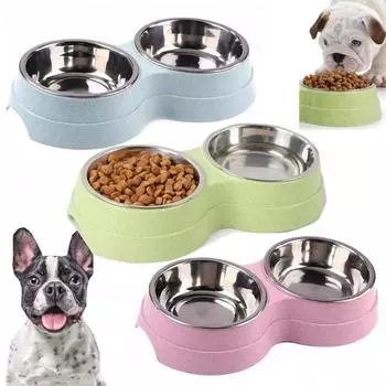 Dual Pet Bowl Dog Food Stainless Steel Feeding and Drinking Bowl Dual Purpose Pet Cat and Dog Feeding Supplies синий