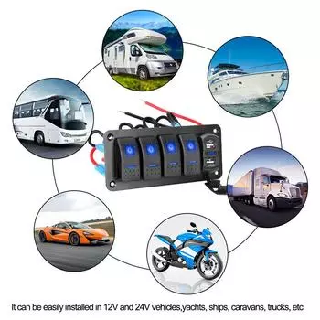 Dual USB Port For Car Marine 12V/24V LED Switch Panel +Sticker Digital Voltmeter 4 Gang Toggle Rocker Switch зелёный