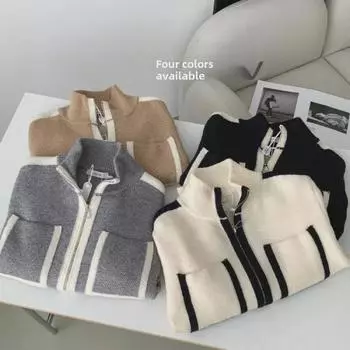 Dual-Zipper Contrast Slim Knit Stand Collar Cardigan for Fall/Winter