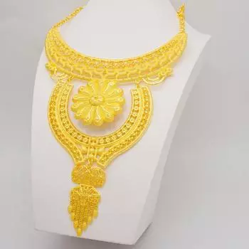 Дубай золотого цвета, большое роскошное ожерелье, браслет, серьги, кольца, комплекты ювелирных изделий для женщин, свадебные украшения, подарки для вечеринок