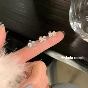 Dudu Couple Bows Ear Bone Stud Titanium Steel Ear-Caring Sleep No Need to Take off Flats Flash Zircon Cochlear Stud Earrings for Women White single 316L medical titanium steel