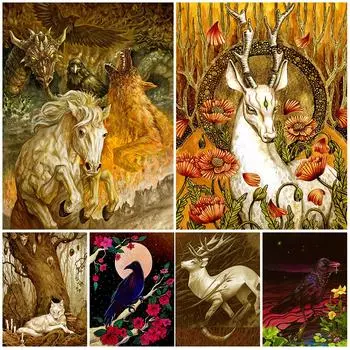 Дух белого оленя и белый волк в лесу «Ретро фреска, живопись маслом, художественный плакат с волшебными животными» 21cm30cm NoFrame