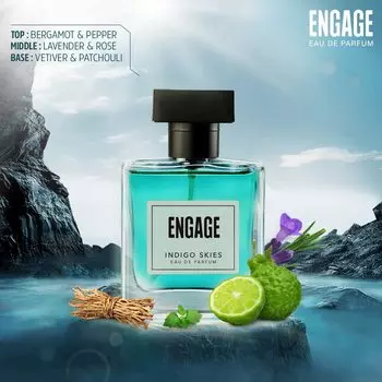 Духи Engage Indigo Skies для мужчин. Стойкий запах, свежий и землистый аромат, для повседневного использования, подарок для мужчин, бесплатный тестер с упаковкой, 100 мл 100ML
