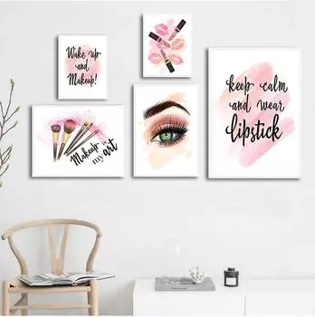 Духи, модная губная помада, кисти для макияжа, печать на холсте, картина, настенная картина, красота, украшение для комнаты для девушки, без рамки 21*30cm