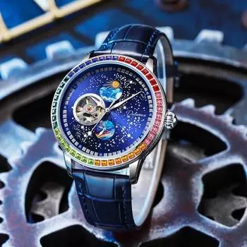 Dulunwe Бизнес Скелетон Турбийон Автоматические Механические Часы С Автоподзаводом Тренд Моды Цвет Бриллиант Небесный Циферблат Мужские Часы Водонепроницаемые синий/серебряный
