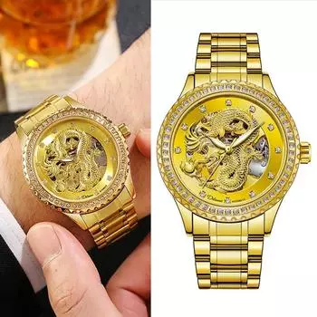 Dulunwe Часы Dragon Watch Skeleton мужские наручные часы роскошные автоматические механические алмазные водонепроницаемые светящиеся часы из нержавеющей стали золотой
