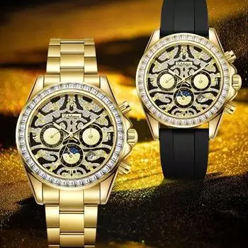 Dulunwe Часы с календарем и фазами Луны, водонепроницаемые, из нержавеющей стали, золотые, наручные часы, уникальные, мужские, автоматические, механические часы золотой