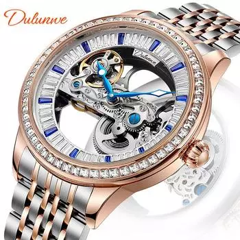 Dulunwe Модные мужские механические часы со скелетонированным бриллиантом и безелем из горного хрусталя, водонепроницаемые часы, роскошные спортивные автоматические наручные часы Steel розового золота