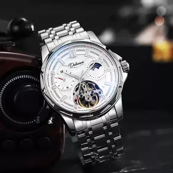 Dulunwe Полый турбийон фаза Луны 12 часов диск светящийся нержавеющая сталь часы роскошный скелетон автоматические механические часы для мужчин leather чёрный