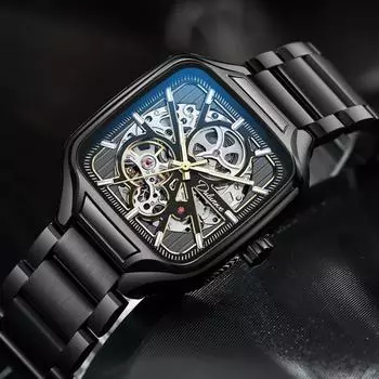 Dulunwe Квадратный циферблат светящиеся автоматические механические часы скелетон часы мужские модные наручные часы из нержавеющей стали Leather чёрный