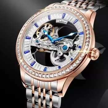 Dulunwe Роскошные полые автоматические наручные часы модные скелетонированные бриллиантовые мужские механические часы со стразами водонепроницаемые часы Steel розового золота