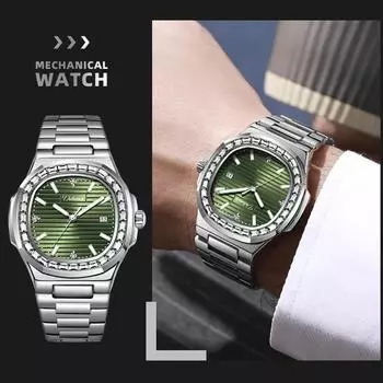 Dulunwe Роскошные мужские автоматические механические часы со стразами, наручные часы из нержавеющей стали, водонепроницаемые, светящиеся, с календарем, деловые часы чёрный