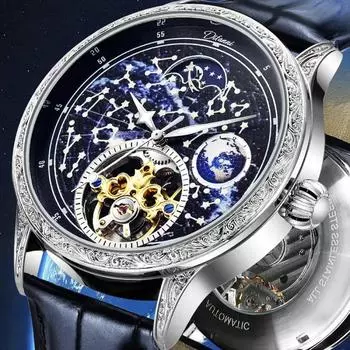 Dulunwe Механические часы Brilliant Starry Sky Luminous Tourbillon, уникальные мужские наручные часы Hollow Skeleton с автоматическим механизмом синий