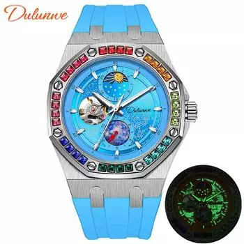 Dulunwe Мужские автоматические часы Starry Sky Moon Phase Color Diamond Big Dial Silicon Remezzo Luxury Business Waterproof Handwatch синий