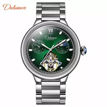 Dulunwe Мужские автоматические механические часы с турбийоном и скелетоном Часы с фазами Луны для мужчин Большой циферблат Мужские часы из нержавеющей стали серебряный/зелёный