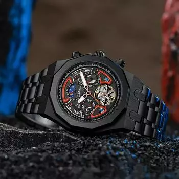 Dulunwe Мужские автоматические механические часы с турбийоном и скелетонизированным механизмом, многофункциональные часы с фазой Луны, индикацией даты и недели, светящиеся спортивные наручные часы серебряный/синий