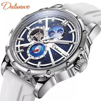 Dulunwe Мужские автоматические механические полые механические часы звездное небо наручные часы водонепроницаемые деловые наручные часы Silicone Strap серебряный/синий