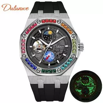 Dulunwe Мужские часы Автоматические наручные часы Модные звездное небо Светящийся дизайн Фаза Луны Механические часы с силиконовым ремешком синий