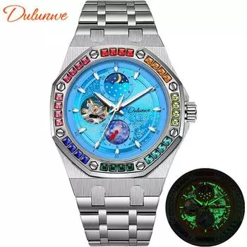 Dulunwe Мужские механические наручные часы из нержавеющей стали с бриллиантовым ремешком и светящимся дизайном звездного неба, модные часы для мужчин синий