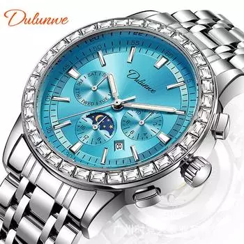 Dulunwe Мужские модные автоматические механические часы с драгоценными камнями и фазами Луны, роскошные наручные часы с люминесцентным дисплеем и календарем на неделю синий