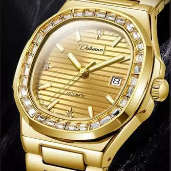 Dulunwe Наручные часы из нержавеющей стали, водонепроницаемые, светящиеся, с календарем, деловые часы, роскошные, со стразами, мужские, автоматические, механические часы чёрный