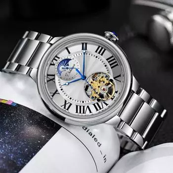 Dulunwe Наручные часы с турбийоном и фазой Луны, светящиеся часы из нержавеющей стали, полностью автоматические механические мужские часы Leather чёрный