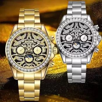 Dulunwe полностью автоматические мужские механические часы роскошные многофункциональные часы модные индивидуальные золотые часы с тигровой текстурой и фазами Луны Steel Strip золотой