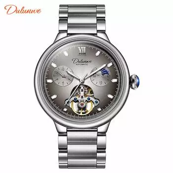 Dulunwe роскошные мужские часы с фазой Луны и турбийоном ретро полые механические наручные часы из нержавеющей стали автоматический механизм мужские часы серебряный/зелёный