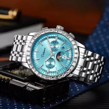 Dulunwe Роскошные наручные часы с фазами Луны, светящиеся часы с календарем на неделю, модные мужские автоматические механические часы с драгоценными камнями синий
