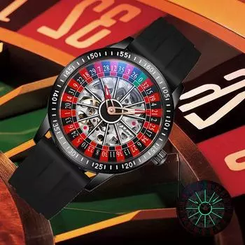 Dulunwe Roulette Wheel Мужские часы Автоматические механические часы Скелетон Часы с вращающимся циферблатом Дизайн Силиконовый ремешок Наручные часы чёрный