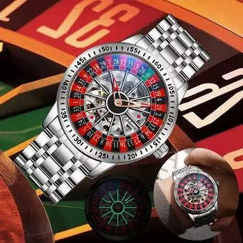 Dulunwe рулетка колесо автоматические часы для мужчин автоматически водонепроницаемые мужские уникальный стиль рулетка механические часы для игры ночью розового золота