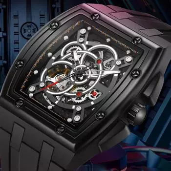 Dulunwe Силиконовый ремешок автоматические механические часы Trend Skeleton Gear мужские часы 3ATM водонепроницаемые светящиеся роскошные спортивные наручные часы чёрный