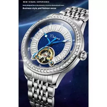 Dulunwe Нержавеющая сталь Атмосферные трендовые наручные часы Мужские часы с турбийоном Стразы Светящиеся водонепроницаемые автоматические механические часы Leather strap серебряный