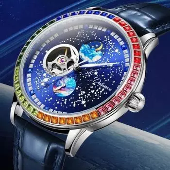 Dulunwe Трендовые модные цветные бриллиантовые часы Sky Dial для мужчин, водонепроницаемые, деловые, скелетонированные, турбийонные, автоматические, с автоподзаводом, механические часы серебряный/синий